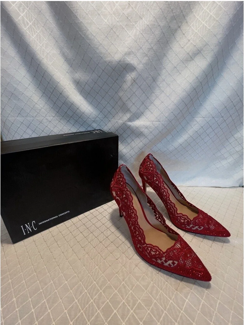 INC Red Lace Rhinestone Pointed Toe Stiletto Heels Size 8
